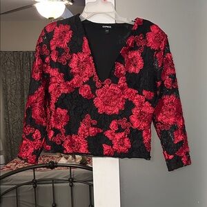 Express Women's V-Neck Black and Red Lace Blouse